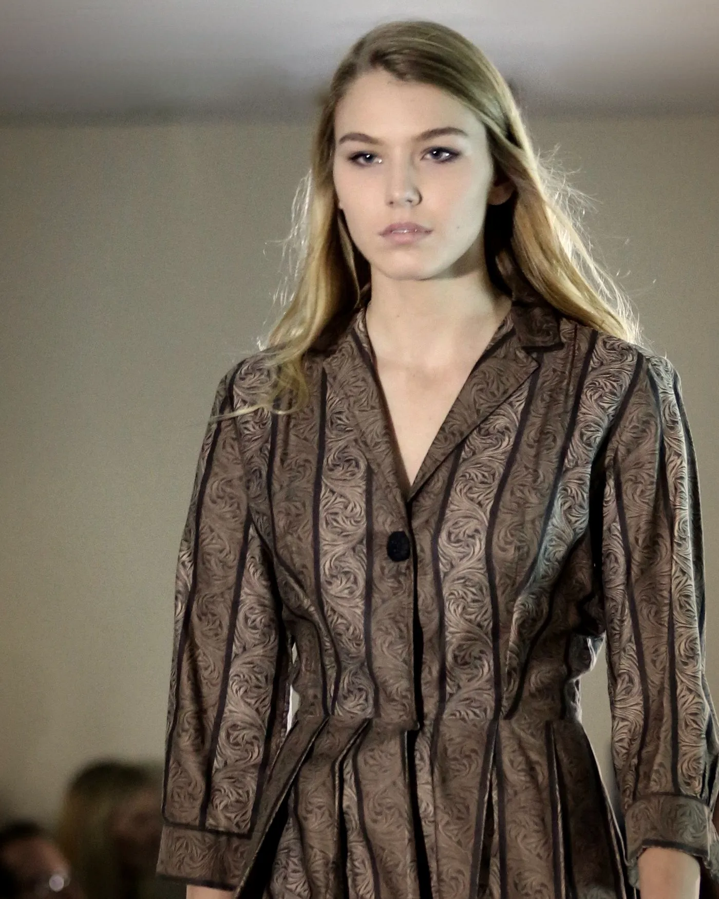 Bronze pleated shirt dress — Kites by Carla Manuel runway, November 2016