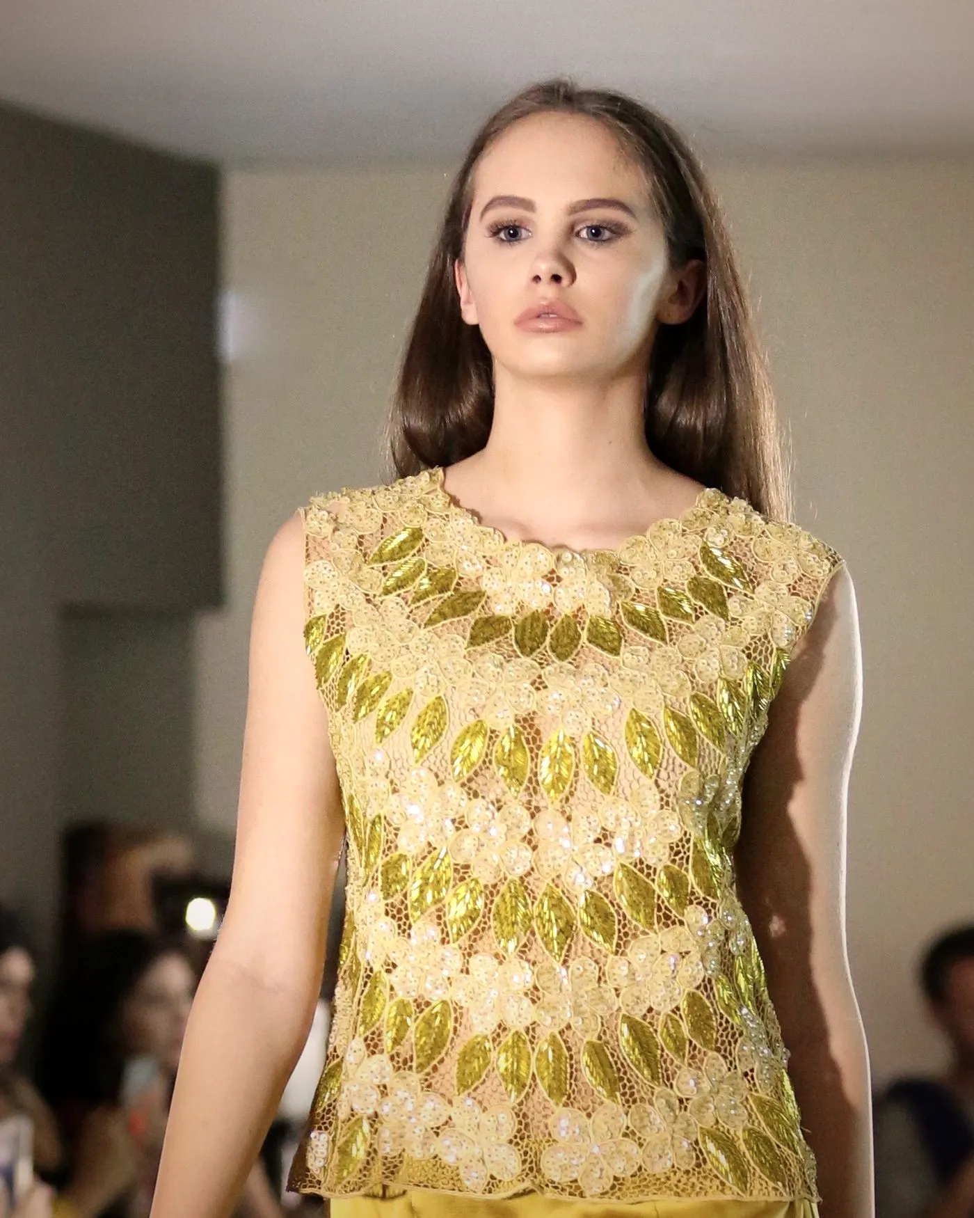 Chartreuse fringe top, gold satin skirt — Kites by Carla Manuel runway, November 2016