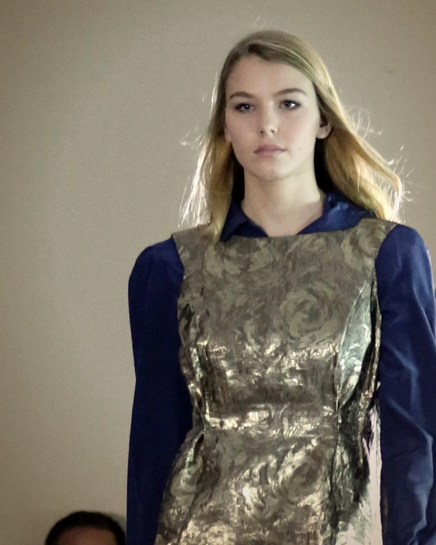 Gold brocade dress with cobalt sleeves — Kites by Carla Manuel runway, November 2016