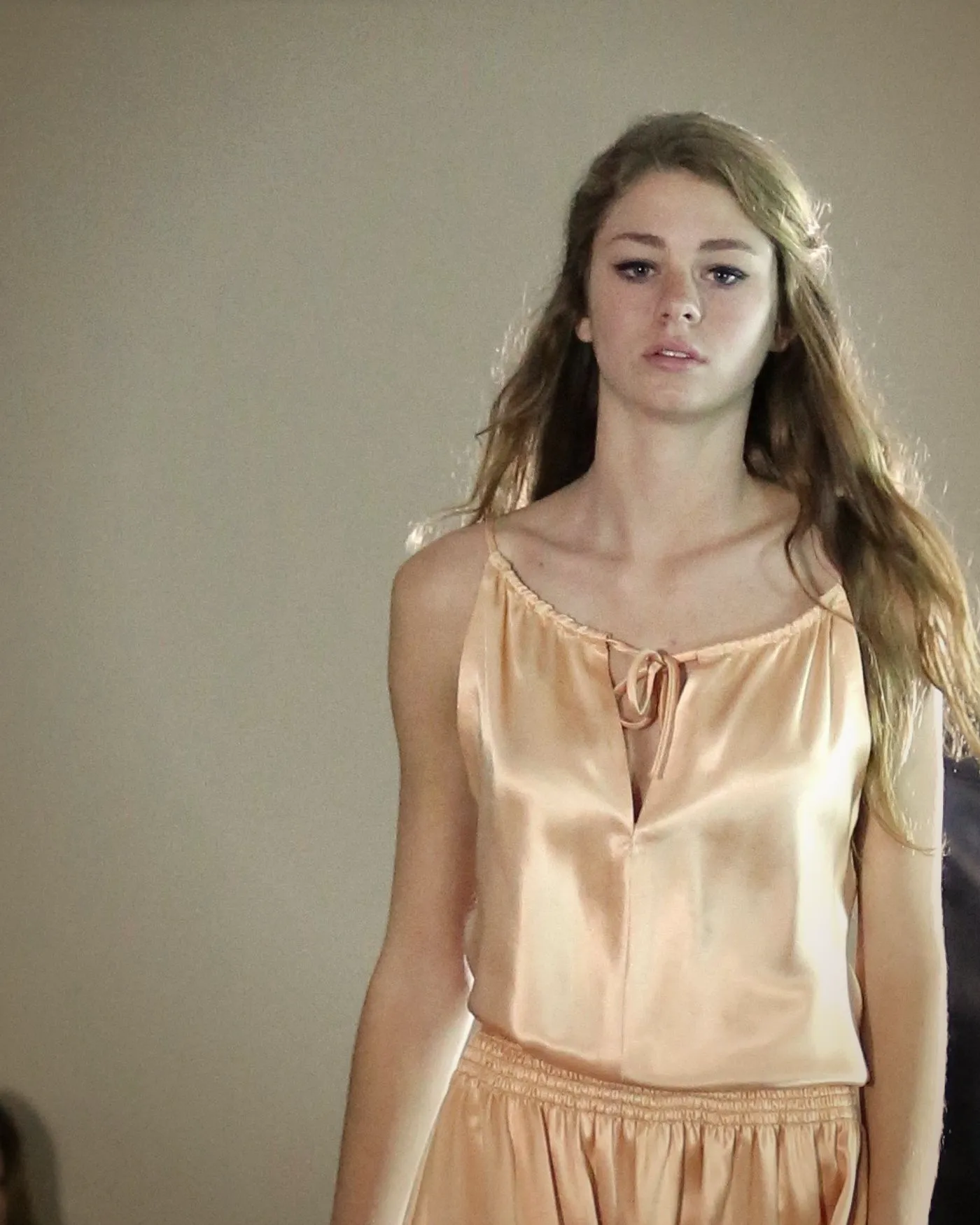 Peach satin slip — Kites by Carla Manuel runway, November 2016