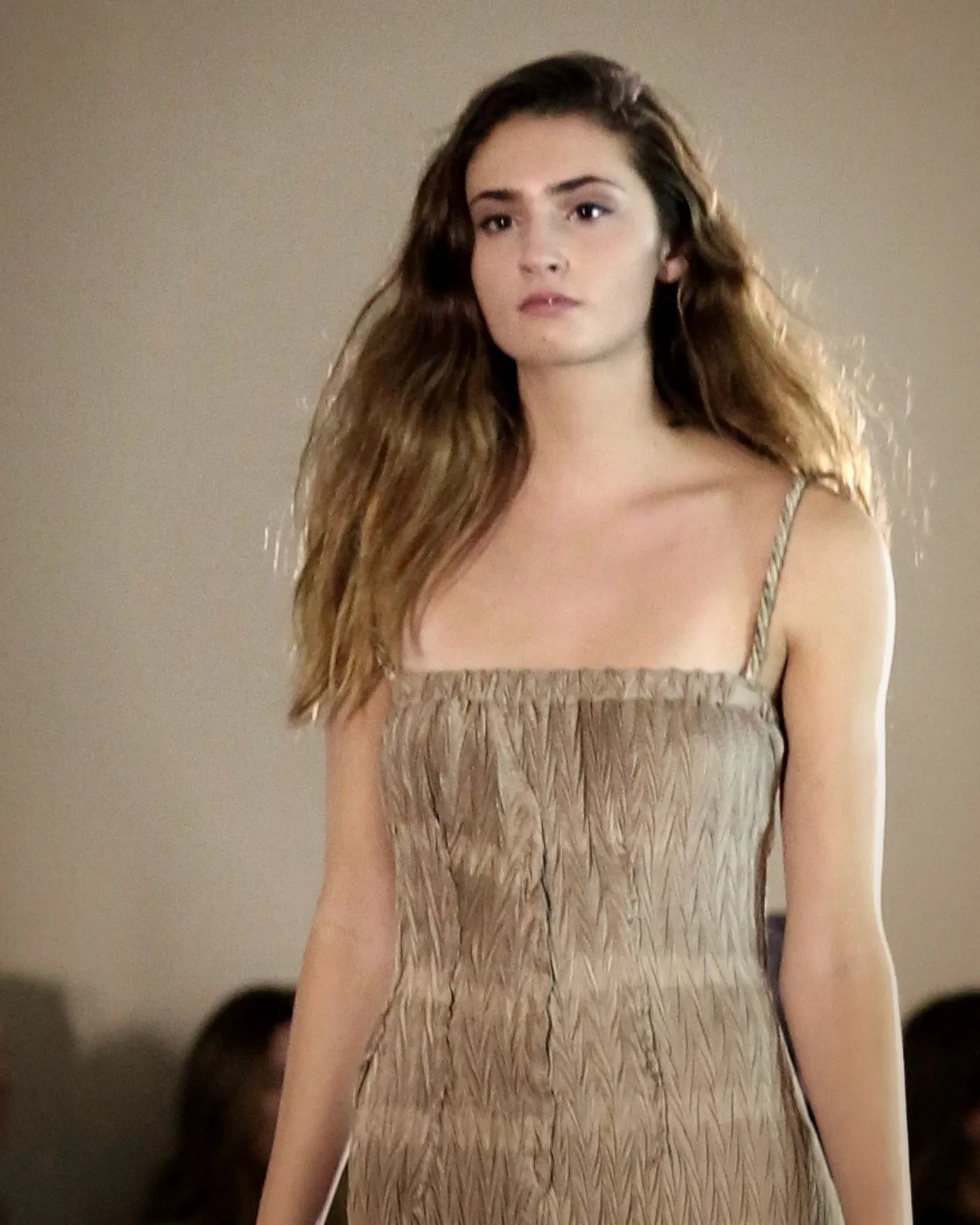 Taupe pleated column dress — Kites by Carla Manuel runway, November 2016