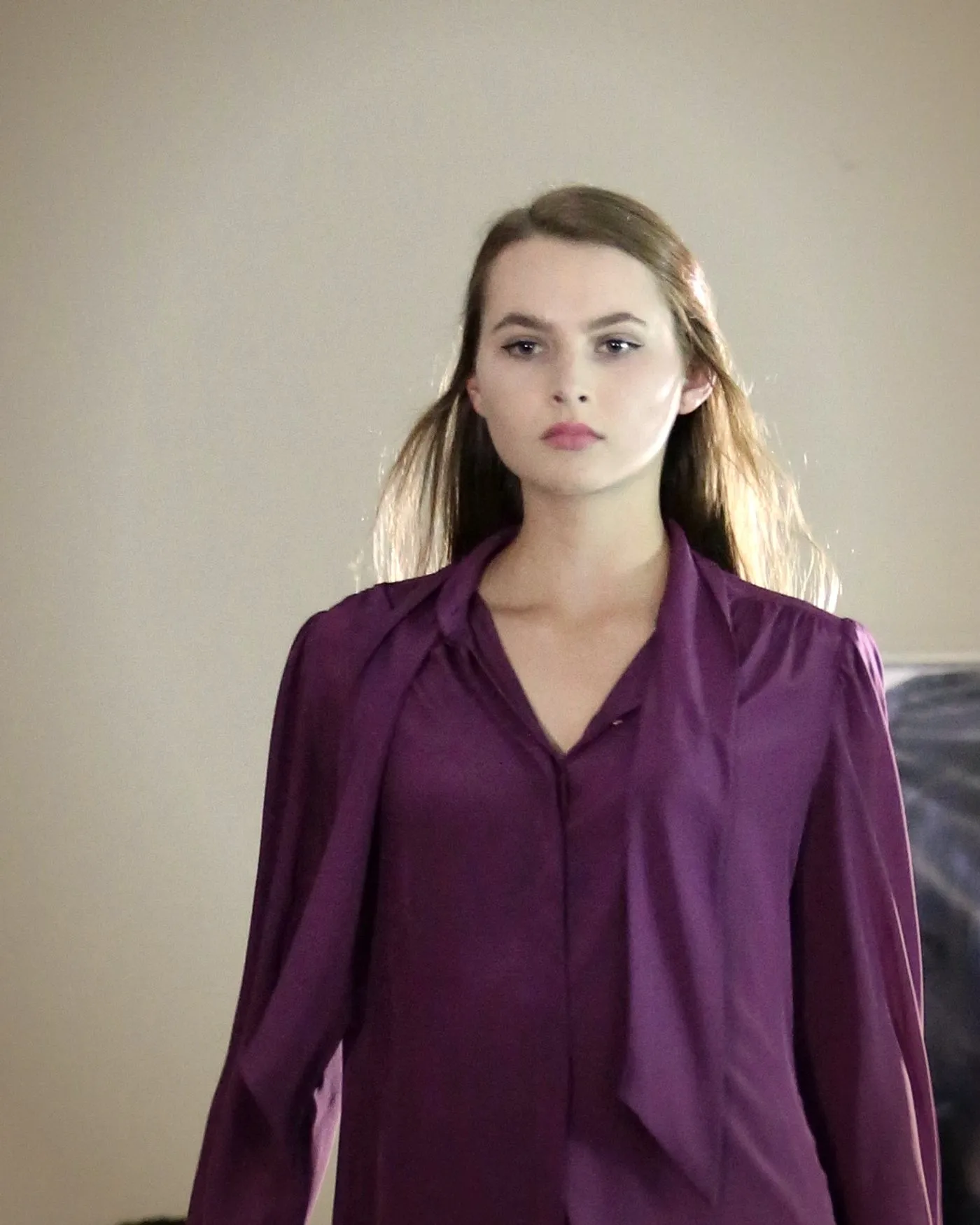 Violet blouse, navy skirt — Kites by Carla Manuel runway, November 2016